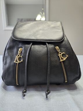 Vintage Liz Claiborne Black Leather Mini Backpack Gold LC Zipper Pulls